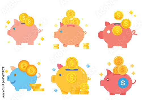 Set of Cartoon Piggy Banks with Coins, saving money and financial concept