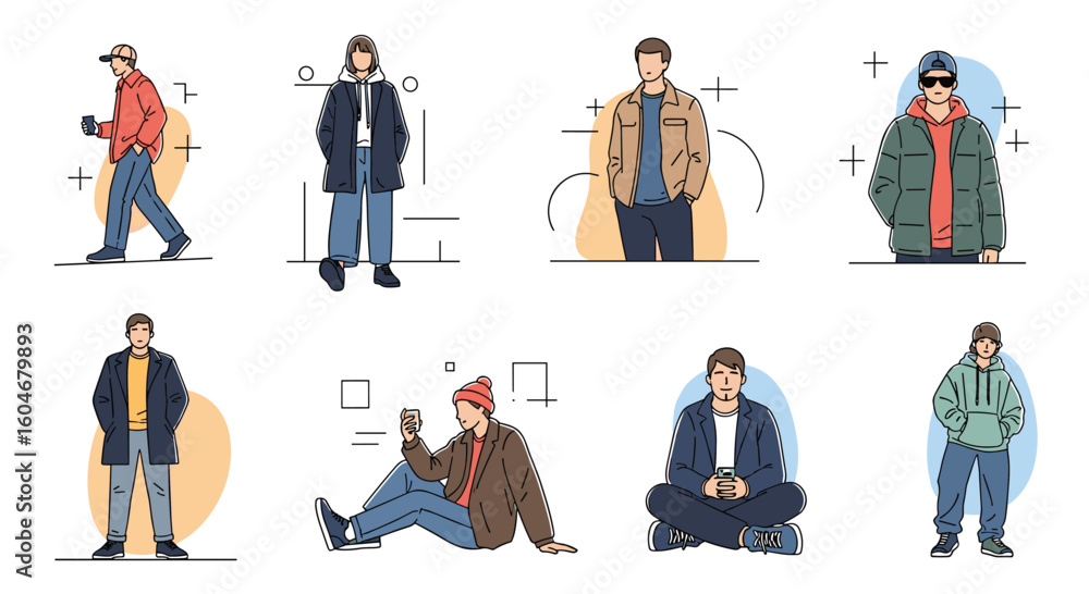 Obraz premium Collection of Diverse Individuals Dressed for Cold Weather Demonstrating Various Street Styles and Activities