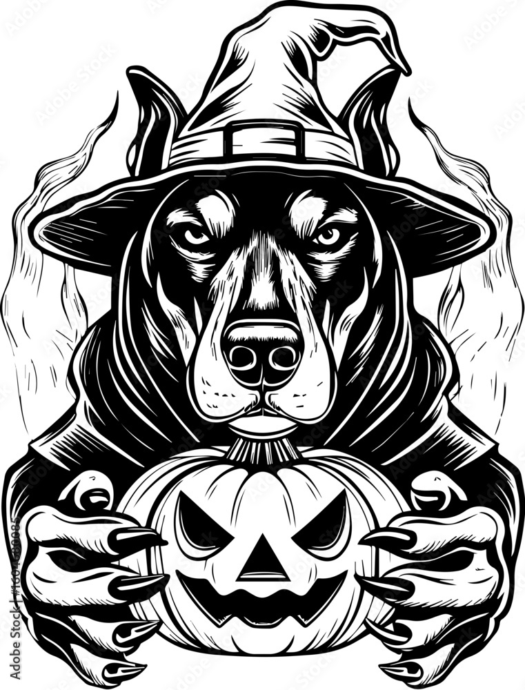 Obraz premium SVG of a Halloween dog wearing a witch hat with a pumpkin in a cute festive style. Black Dog in Witch Hat Holding Pumpkin for Halloween Celebration