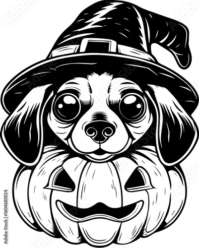 SVG of a Halloween dog wearing a witch hat with a pumpkin in a cute festive style.  Adorable Dog in Witch Hat on a Jack-o'-Lantern for Halloween