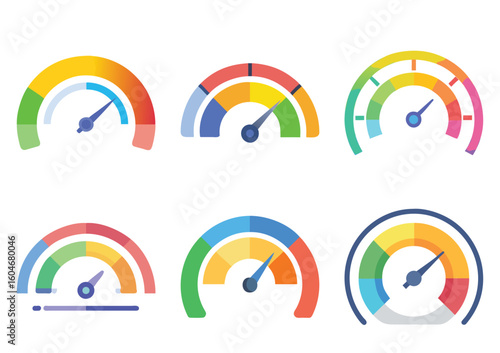 Collection of colorful speedometer gauges indicating different levels of performance and measurement