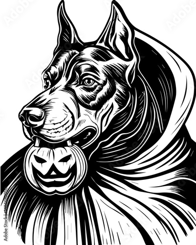 SVG of a Halloween dog wearing a witch hat with a pumpkin in a cute festive style.  Black and White Illustration of a Doberman with Pumpkin Detail
