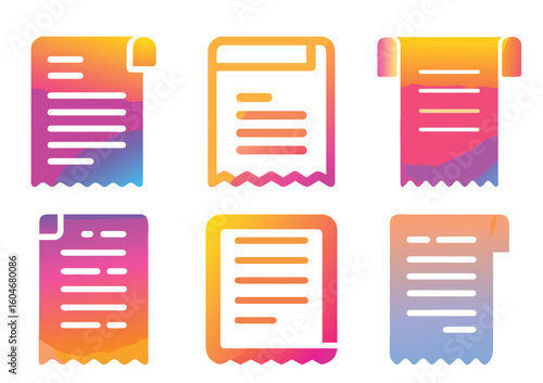 Colorful Receipt Icons with Horizontal Lines and Textured Backgrounds, Vector Set