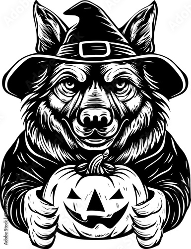 SVG of a Halloween dog wearing a witch hat with a pumpkin in a cute festive style.  Spooky Shepherd Dog in Witch Hat Holding Halloween Pumpkin