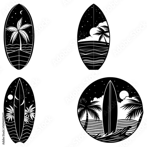 Four surfboard designs featuring tropical scenes with palm trees, waves, and celestial elements at night