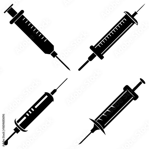 Illustration showing four black syringes with needles pointing towards the center on a white background