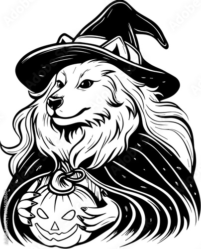 Wallpaper Mural SVG of a Halloween dog wearing a witch hat with a pumpkin in a cute festive style.  Playful Dog Wearing Witch Hat Holding Pumpkin for Halloween Celebration Torontodigital.ca