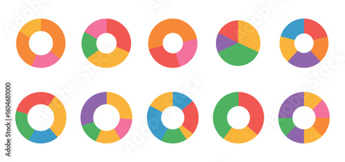 Colorful Pie Charts Displaying Data Distribution. Colorful pie chart collection for business reports and data analysis presentations, modern infographics resource. 