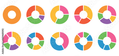 Colorful Pie Charts Displaying Data Distribution. Colorful pie chart collection for business reports and data analysis presentations, modern infographics resource. 
