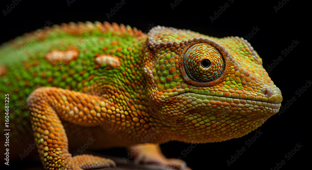 Obraz premium Close up portrait of a colorful chameleon showcasing intricate skin details against a black backdrop
