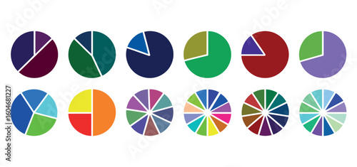Colorful Pie Charts Displaying Data Distribution. Colorful pie chart collection for business reports and data analysis presentations, modern infographics resource. 