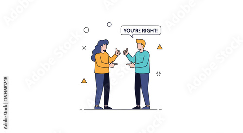 Two people in a disagreement with one person agreeing with the other person stating you are right concept of consensus agreement or compromise