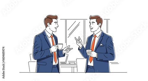 Two businessmen in suits discussing business opportunities and strategies in a modern office environment with mirrors reflecting the scene and people engaged in conversation