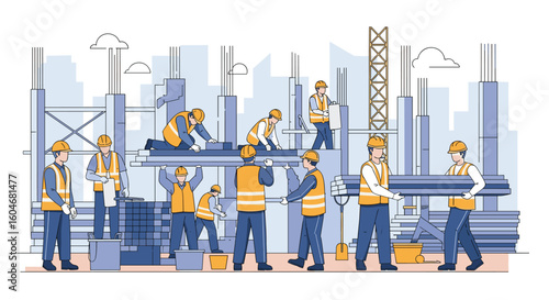 Diverse Construction Workers Collaborating on a Building Project with Urban Skyline Background