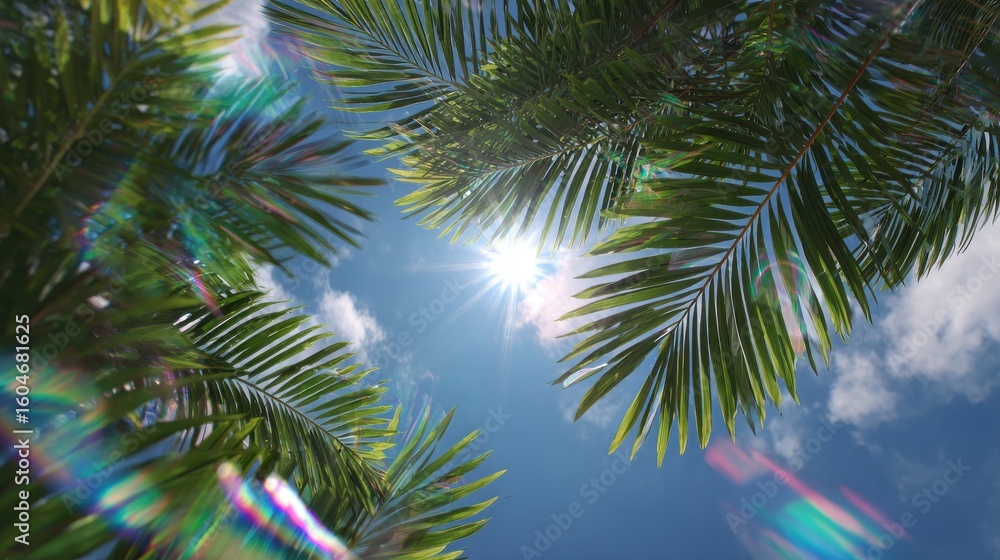Fototapeta premium Radiant sun with glowing palm fronds and flowing iridescent ribbons, dreamy summer futurism, vibrant pastel colors for wellness branding, travel campaigns, and creative packaging
