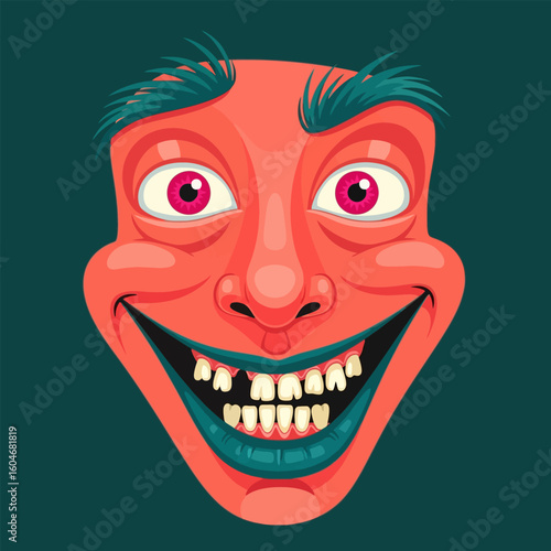 Cartoon Face with Wide Grin and Pink Eyes Illustration Art