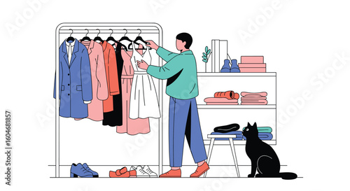 Person organizing clothes on a rack choosing an outfit from many options for their wardrobe