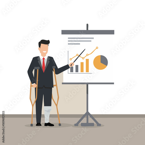 Man with crutches giving office presentation on whiteboard
