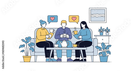 A Cozy Gathering Three Friends Enjoying Warm Conversation and Refreshing Drinks on a Comfortable Sofa in a Bright Living Room