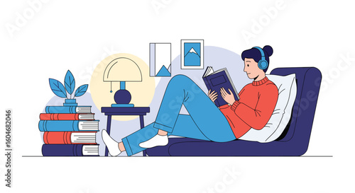 A Person Enjoying a Quiet Afternoon Reading a Book While Relaxing on a Comfortable Couch in a Cozy Living Room Atmosphere