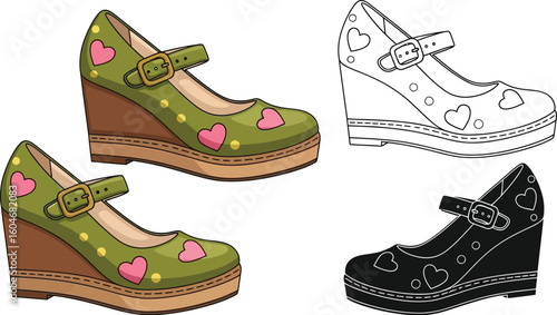 Buy women's wedge heel shoes online: cute green heart pattern mary janes for sale cheap prices