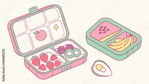 Cute kawaii bento box lunchbox with healthy food illustration for kids school lunch ideas and meal planning