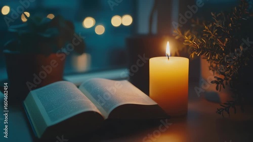 Wallpaper Mural Open book next to candle on table Torontodigital.ca