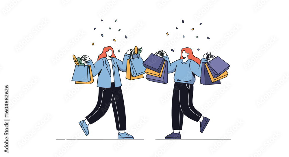 Obraz premium Excited shoppers enjoy a fun shopping spree with many bags and confetti falling down around them