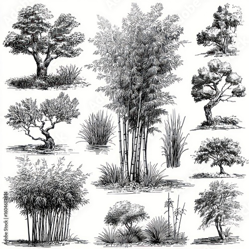 Collection of  hand-drawn trees and foliage