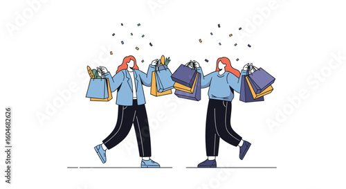 Excited shoppers enjoy a fun shopping spree with many bags and confetti falling down around them