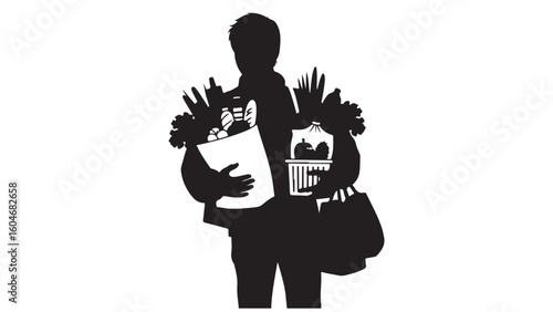 Silhouette of a person carrying shopping bags filled with groceries, full of food.