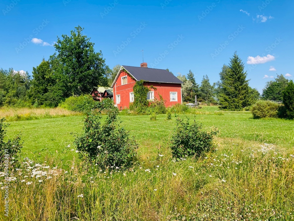 Obraz premium Traditional Red Wooden House in Lush Summer Countryside