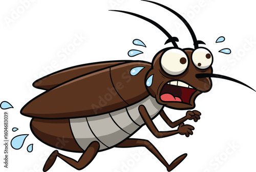 Funny cartoon cockroach running scared, sweating insect character illustration, pest control concept, animated bug, shocked roach clipart, humorous vector art