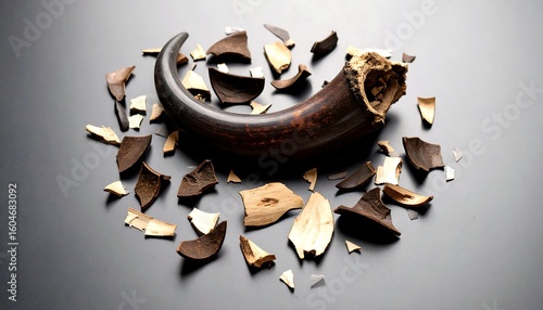 Broken animal horn surrounded by fragments