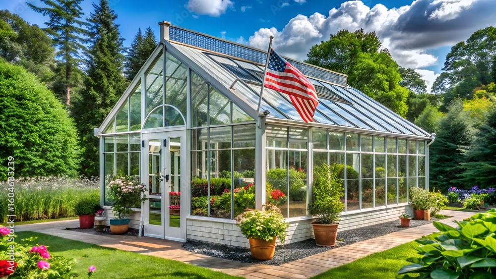 Fototapeta premium Elegant greenhouse with American flag in lush garden 