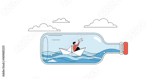 A solitary adventurer navigates a tiny paper boat across a vast ocean contained within a glass bottle