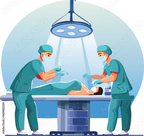 Scene of surgeons in masks and scrubs performing an operation under a bright surgical lamp with tools on tray
