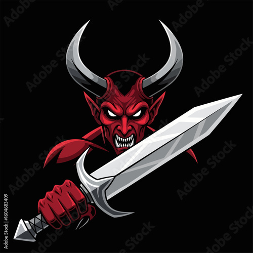 Demon Holding Sword Illustration with Red Skin and Horns