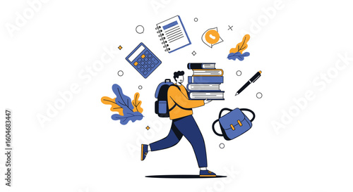 Student carries a large stack of books and other school supplies while rushing to class