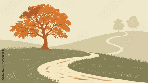 Autumn landscape vector illustration with orange tree path and hills scenic nature background design for prints