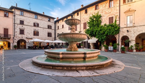 Quaint European square with fountain