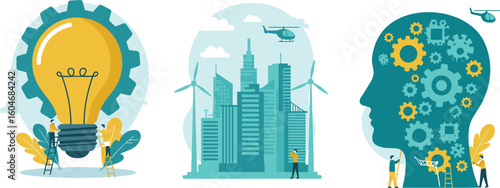 Innovation and creativity, teamwork ideas, smart city development, engineering solutions, sustainable technology, human intelligence, renewable energy, future thinking, urban growth