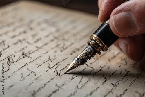 Hand holding fountain pen, writing on aged paper