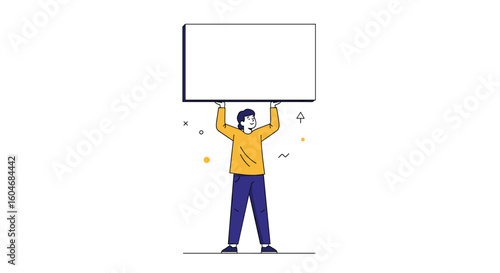 Man Holding Up Large White Blank Square Above Head with Confetti and Glitter Particles Around