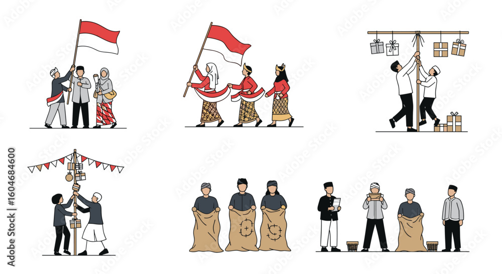 Obraz premium Indonesian Independence Day Celebrations with Traditional Games and Flag Raising Ceremony Vector Illustrations