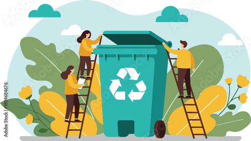 People recycling waste in nature, eco-friendly teamwork, sustainability concept, large bin with recycle symbol, environmental awareness, green lifestyle illustration