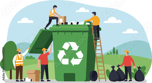 People recycling waste in nature, eco-friendly teamwork, sustainability concept, large bin with recycle symbol, environmental awareness, green lifestyle illustration