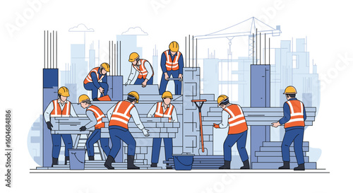 Construction workers busy building a large structure under a clear sky with cranes in the background