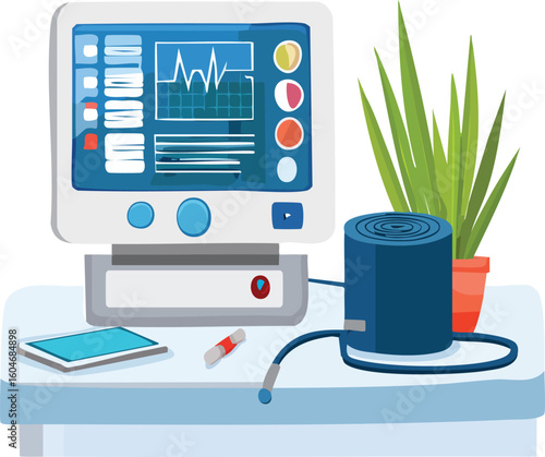 Flat vector of a BP cuff, digital screen showing pressure, medical table setting