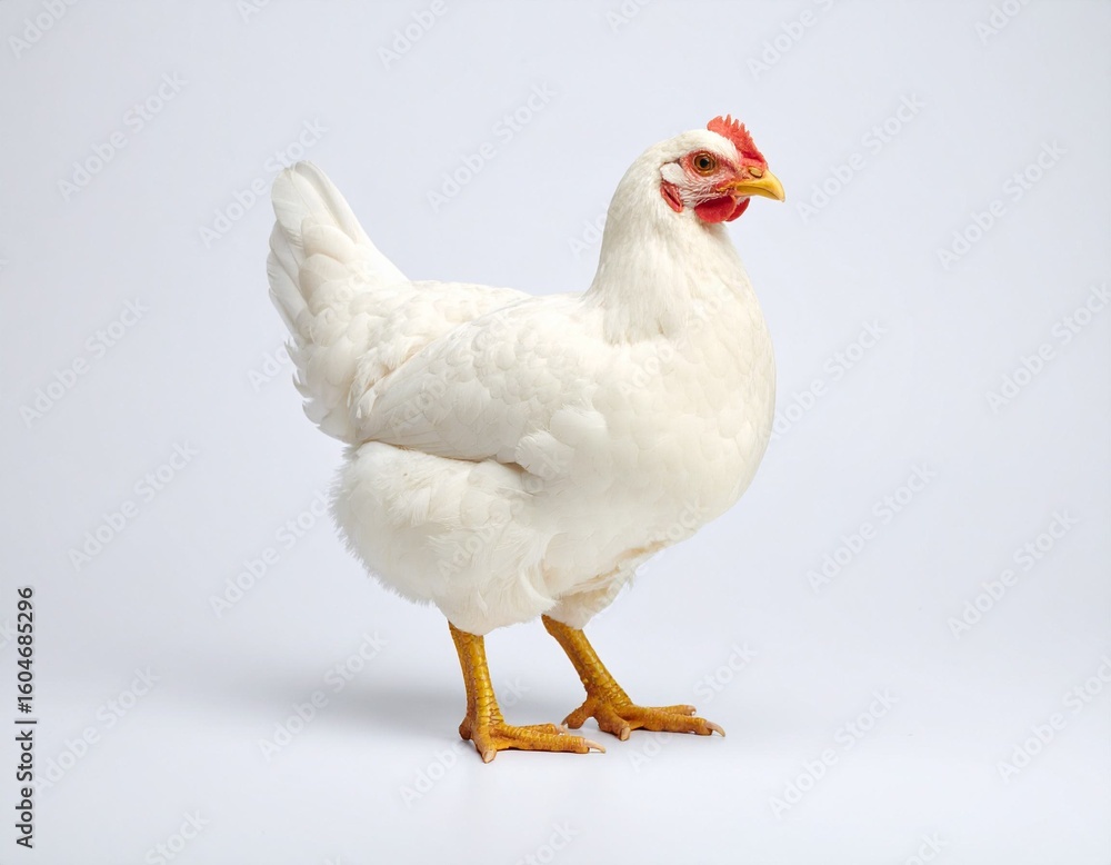 Fototapeta premium White Hen Standing Isolated on White Background, Side View
